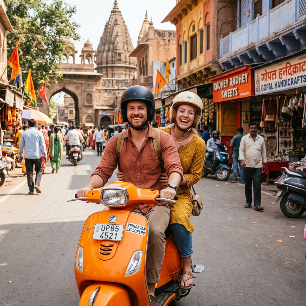 Tourist couple enjoying Vrindavan Scooty Rental